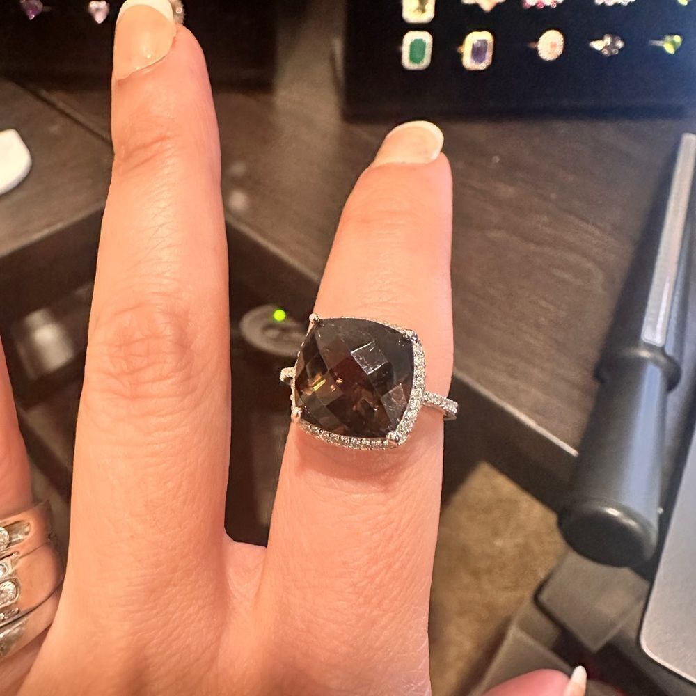 10mm deep cushion cut Smoky quartz, halo cz diamonds, solid sterling ring!